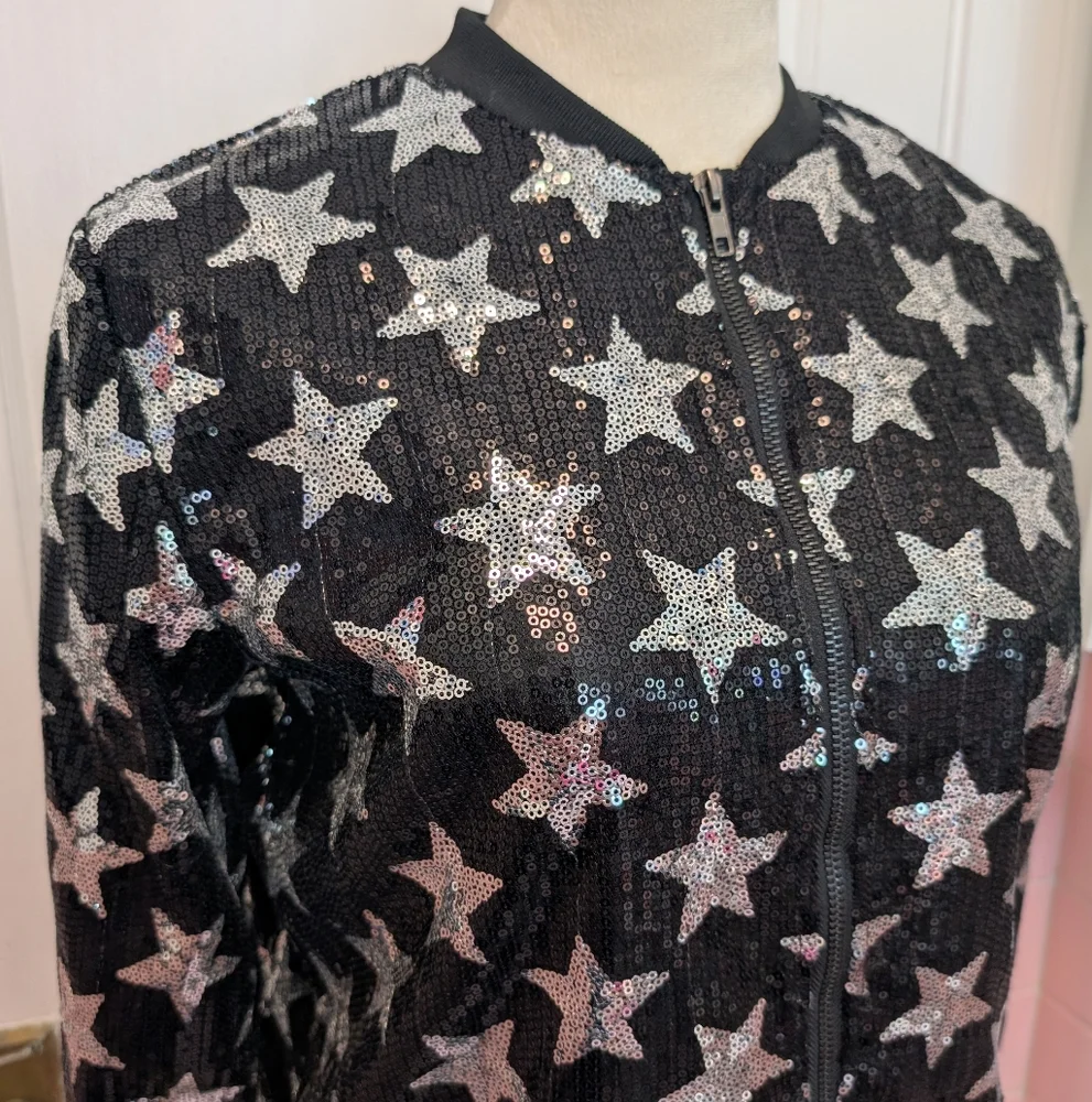 Say What? Women's Size Small Sequin Star Bomber Jacket Silver Glitter Glam - Picture 3 of 9